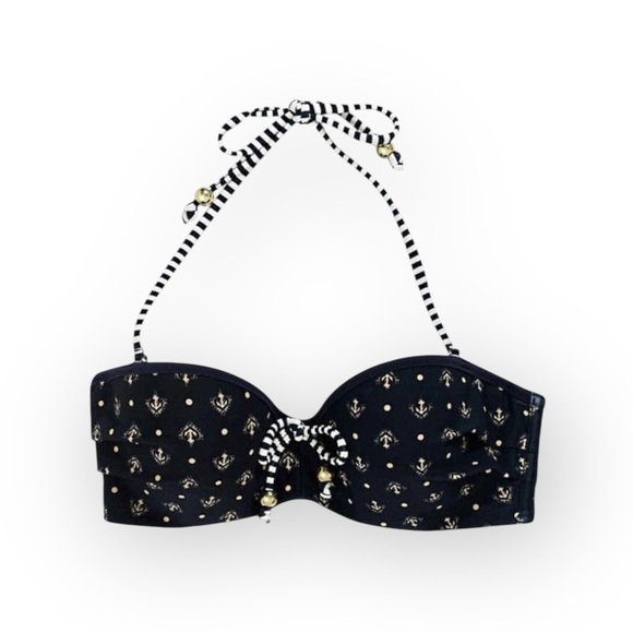 Timeout ᯾ Nautical Print Bandeau Bikini Top ᯾ Navy White Anchors + Stripes ᯾ L - Picture 1 of 16